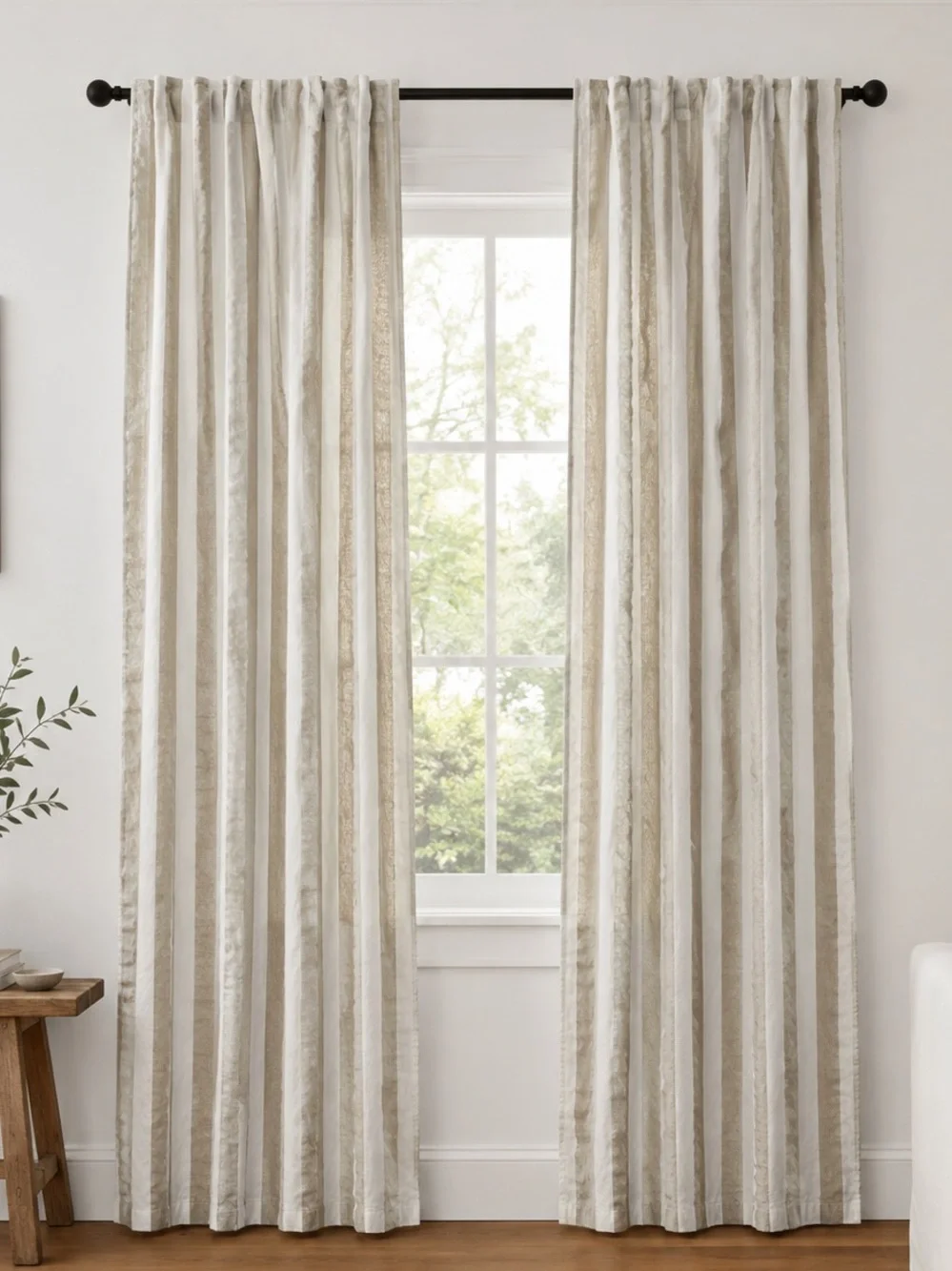 2 Curtain Panels by Vintage House Cotton  Textured Neutral Stripe 48”W/78”L